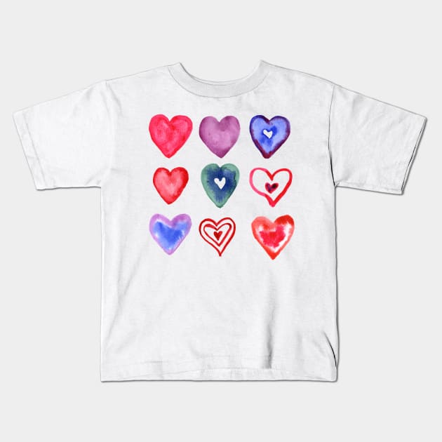 Light Multi colored watercolor hearts Kids T-Shirt by JenPolegattoArt